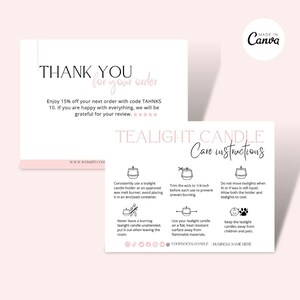 Editable Tealight Candle Care Card, Pink Printable Candle safety Instructions, Tealights Candle Packaging Insert, Canva Candle Care Template