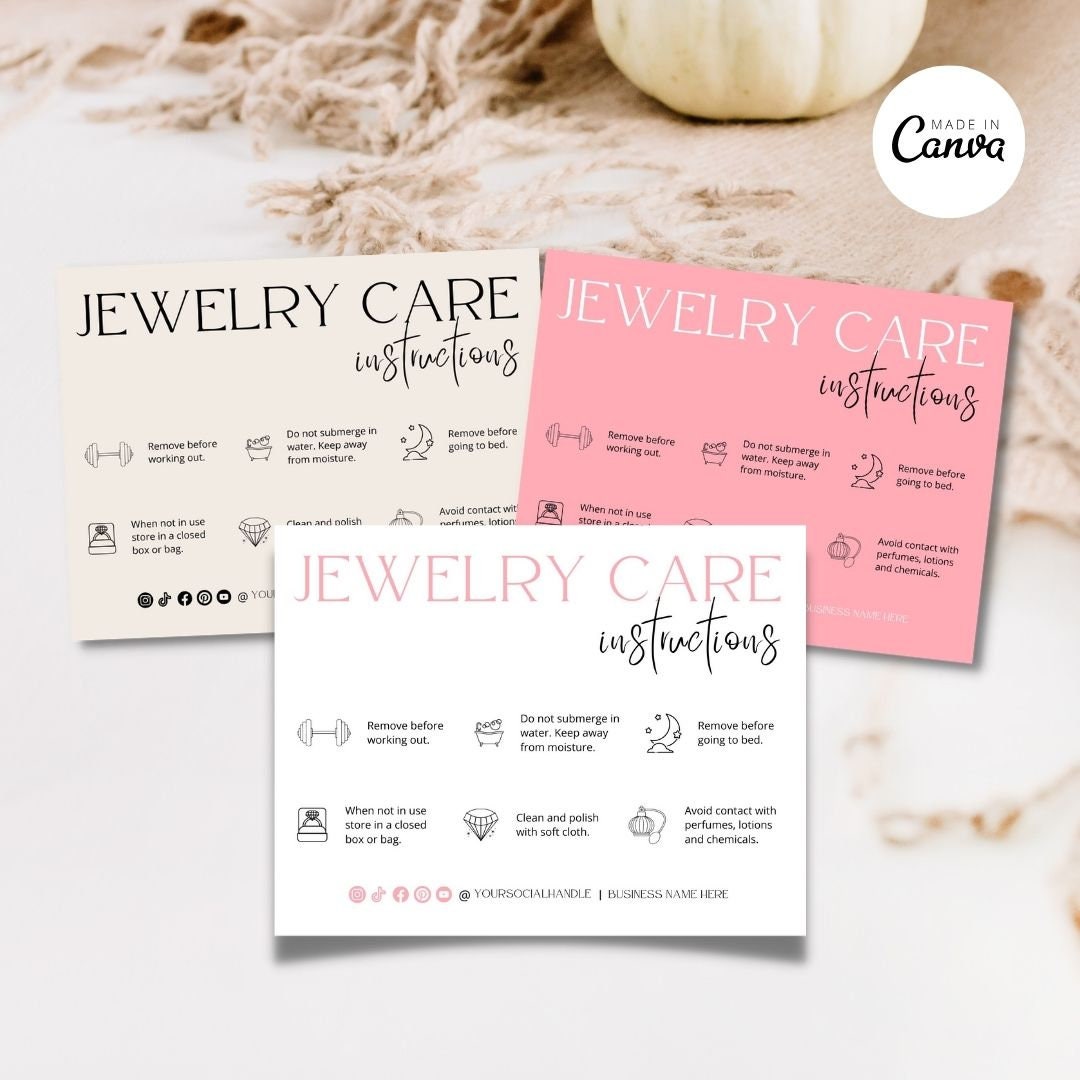 Editable Jewelry Care Card Template, Jewelry Care Packaging Inserts ...