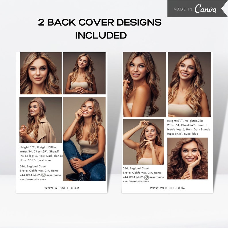 Model Comp Card Back Model Comp Card, Editable Fashion Model Zed Card, Model Portfolio ...