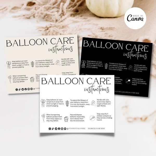 Editable Balloons Care Instructions Template, Printable Balloon Safety Instructions, Air & Helium Balloons Care Card, Balloons Warning Card