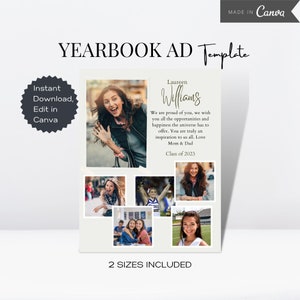 Jaarboek AD Tribute sjabloon volledige pagina, Senior jaarboek AD kwartaalpagina, Grad aankondiging fotokaart, bewerkbare Canva Grad eerbetoon