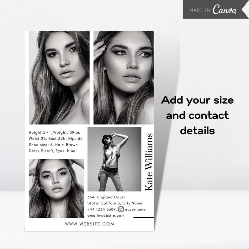 Model Comp Card, Modeling Photo Card Canva Template, Editable Fashion ...