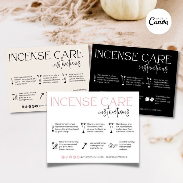 Editable Incense Care Card, Incense Business Inserts, Printable Scented Incense Safety Instructions Canva Template, Scented Stick Care Card