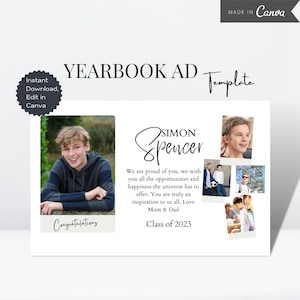 Jaarboek AD Tribute sjabloon, Senior Jaarboek AD, bewerkbare Canva Grad eerbetoon, Grad aankondiging fotokaart, middelbare school Grad AD halve pagina