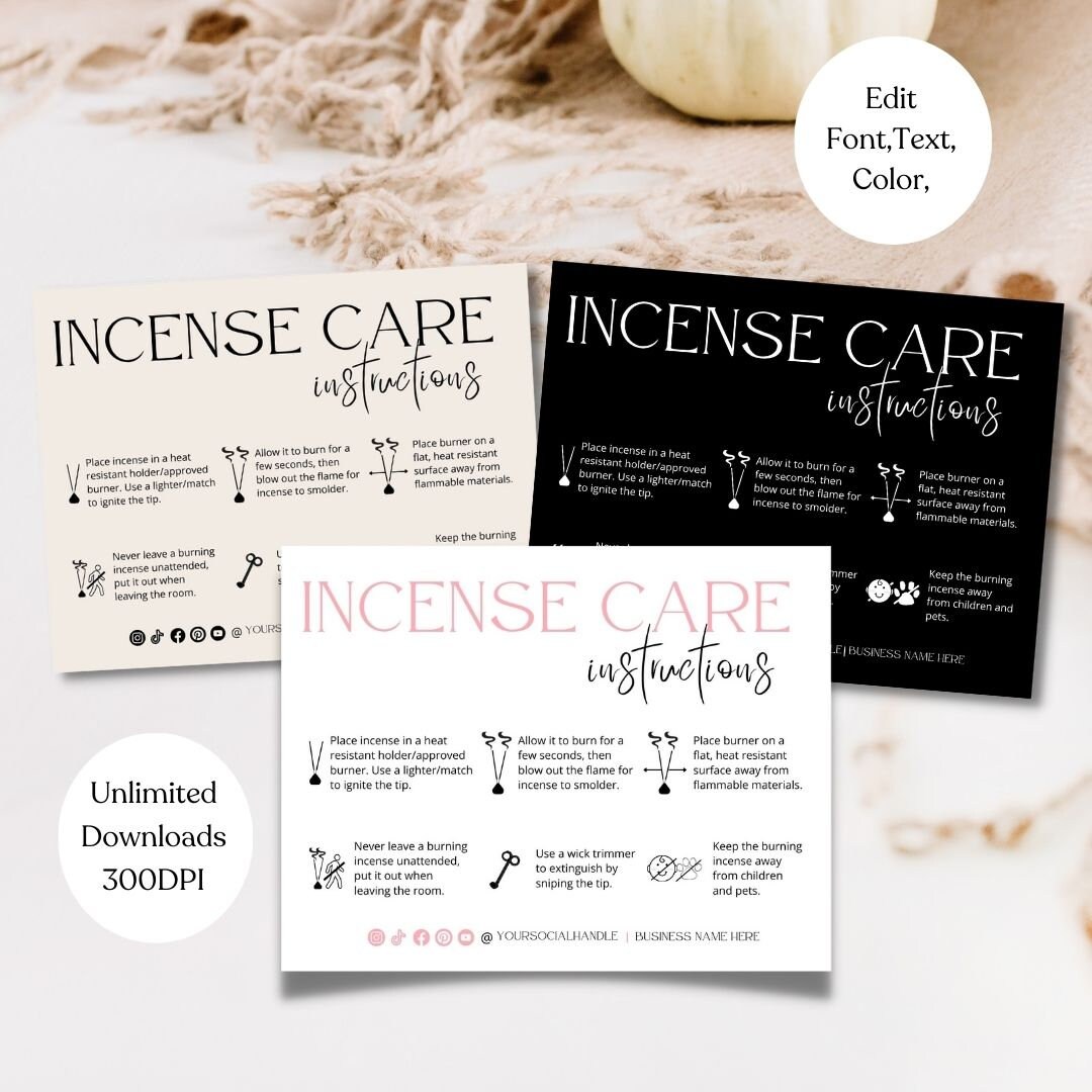 Editable Incense Care Card, Printable Scented Incense Safety