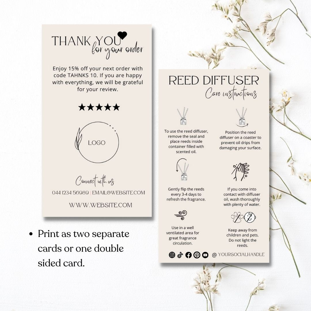 Mini Editable Reed Diffuser Care Card, Diffuser Instructions Label, Oil ...