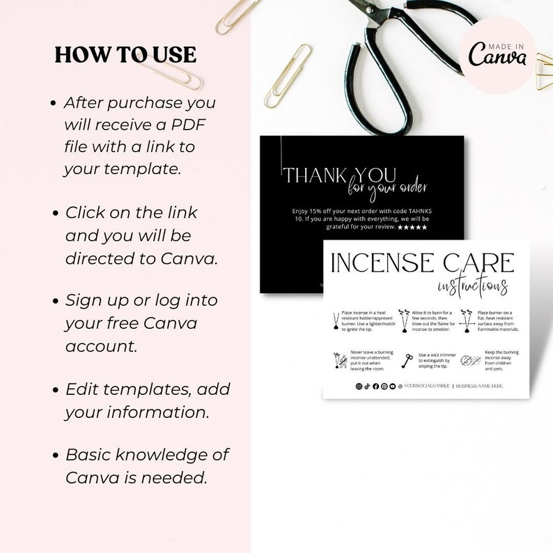 Editable Incense Care Card, Printable Scented Incense Safety