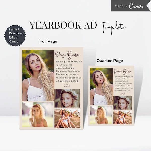 Yearbook AD Template, Full Page, School Yearbook, Yearbook Tribute Quarter Page, Grad Announcement Photo Card, Editable Grad tribute Canva