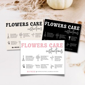 Instructions modifiables pour la carte d'entretien des fleurs, guide d'entretien du fleuriste pour fleurs fraîches coupées, notices d'emballage pour fleuriste, guide d'entretien des plantes imprimable DIY