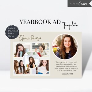 Jaarboek AD Tribute sjabloon, bewerkbare Canva Grad eerbetoon, middelbare school Grad AD halve pagina, Grad aankondiging fotokaart, Senior jaarboek AD