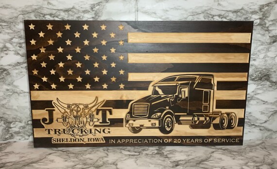 Personalized Semi Truck Wood Flag, American Flag, Gift for Trucker