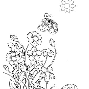 Downloadable coloring page- cute garden scene- daisies and butterflies