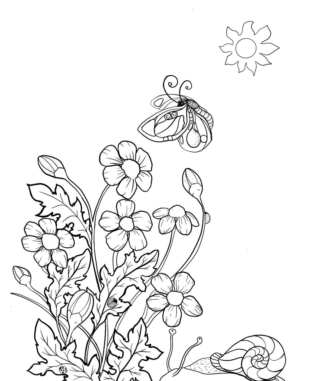 Downloadable Coloring Page- Cute Garden Scene- Daisies and Butterflies - Etsy