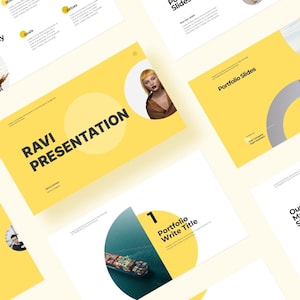 Könnte beinhalten: Eine Präsentationsvorlage mit gelbem Hintergrund und schwarzem Text. Der Text enthält "Ravi Presentation", "Our Business Philosophy", "Business Plan", "Portfolio Slides", "Portfolio Write Title" und "Our Market Share".