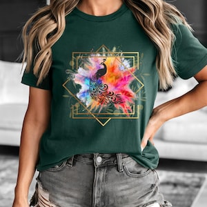 Colorful peacock design T-shirt for women, streetwear women, leisure shirt, gift idea for women, colorful women's fashion, cool shirt women