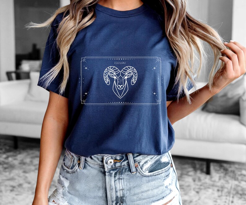 Aries T-Shirt, Zodiac Aries Shirt for Women, Round Neck Shirt Women, Short Sleeve Shirt Women, Zodiac Sign Top, Birthday Gift Navy