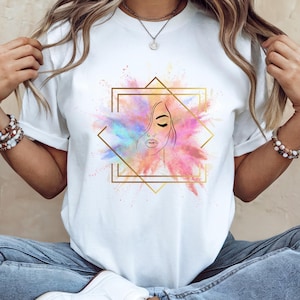 Women's T-shirt with front print, round neck shirt with colorful face design, gift idea for girlfriend, mom, birthday, Christmas, special shirt