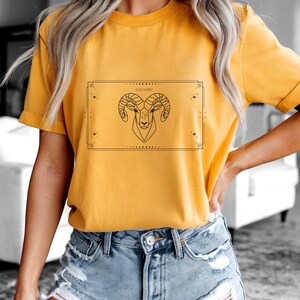 Aries T-Shirt, Zodiac Aries Shirt for Women, Round Neck Shirt Women, Short Sleeve Shirt Women, Zodiac Sign Top, Birthday Gift Goldgelb