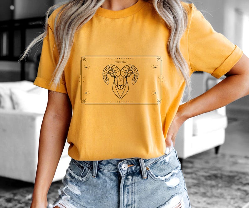 Aries T-Shirt, Zodiac Aries Shirt for Women, Round Neck Shirt Women, Short Sleeve Shirt Women, Zodiac Sign Top, Birthday Gift Goldgelb
