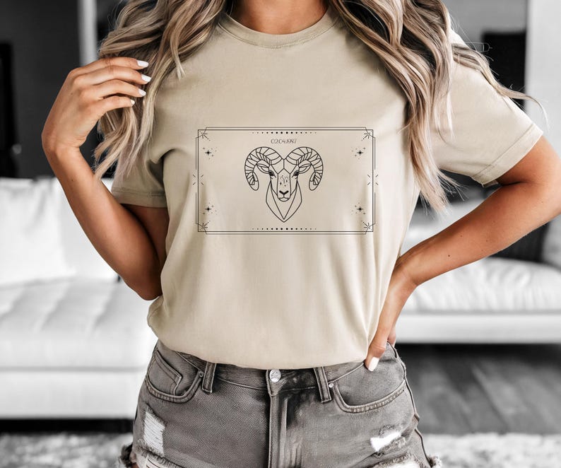 Aries T-Shirt, Zodiac Aries Shirt for Women, Round Neck Shirt Women, Short Sleeve Shirt Women, Zodiac Sign Top, Birthday Gift Beige