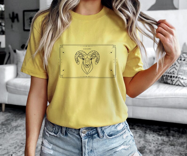 Aries T-Shirt, Zodiac Aries Shirt for Women, Round Neck Shirt Women, Short Sleeve Shirt Women, Zodiac Sign Top, Birthday Gift Yellow