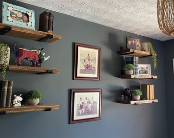 Rustic Shelves | Solid Wood Reclaimed Scaffold board Shelving with Industrial BLACK Shelf Brackets | 22cm Depth x 3.6cm Thick Kitchen Shelf