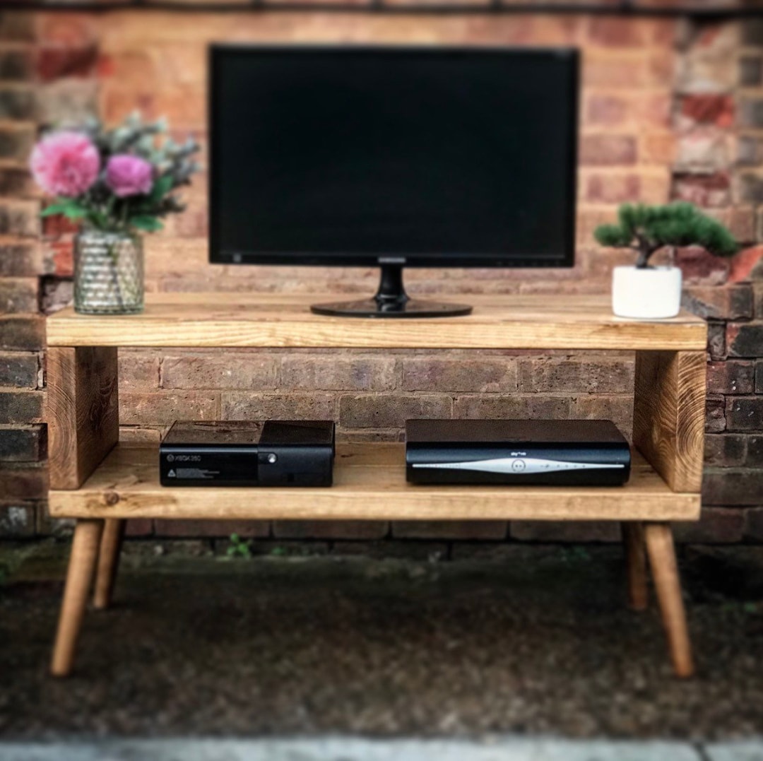 TV Stand Dark Oak Industrial Wooden Legs Handcrafted Solid Wood Console