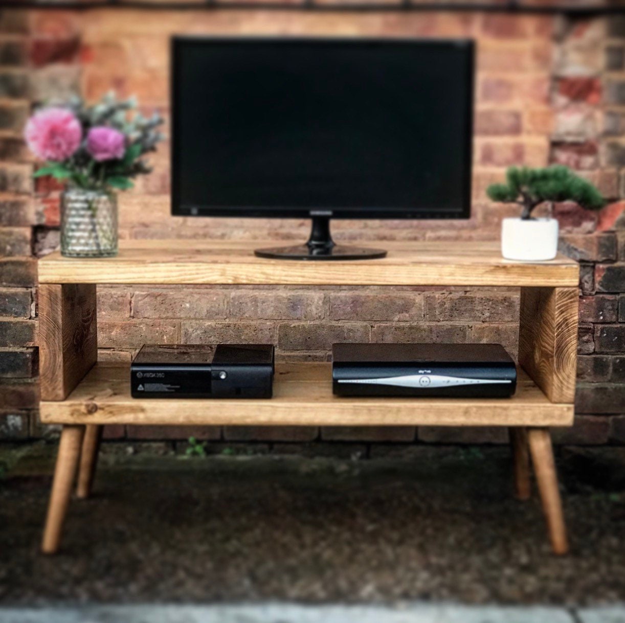 TV Stand Dark Oak Industrial Wooden Legs Handcrafted Solid Etsy