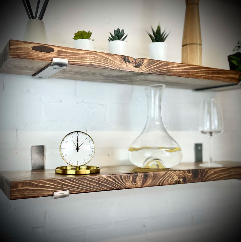 Rustic Shelves for walls Shelving Handmade Solid Wood Shelf UP Industrial Metal Shelf Brackets 22cm Depth x 4.5cm Thick Kitchen Shelf image 4