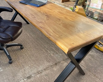 Desk Live Edge Wood Office Desk Decor with Industrial Metal X Black Powder Coated Legs Handmade in UK Gaming Desk Computer Dark OAK Pictured