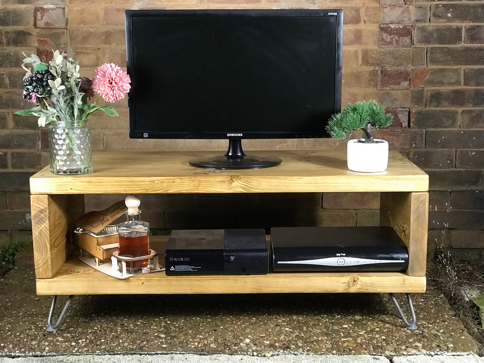 Industrial TV Stand Tudor Oak Hairpin Legs Chunky Solid Wood Etsy