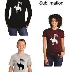 May include: Three people are wearing shirts with a design of a person riding a horse holding a flag. The shirts are black, maroon, and gray. The text "Hoodies & T Shirts! Heat Press Vinyl Screen Printing Sublimation" is at the top of the image.