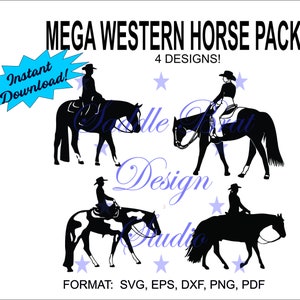 May include: A digital download pack of four silhouette designs featuring a horse and rider in a western style. The text "MEGA WESTERN HORSE PACK!" and "4 DESIGNS!" is included in the image. The text "Instant Download!" is also included in the image.