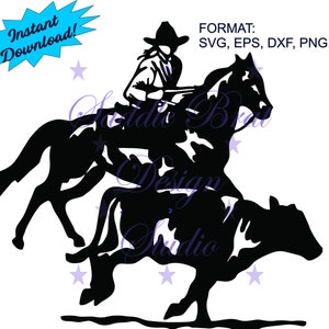 May include: Black silhouette of a cowboy riding a horse and roping a cow. The image includes the text "Instant Download!" and file format options: SVG, EPS, DXF, PNG, PDF. The design has a western theme.