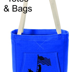 May include: A bright blue tote bag with a white canvas handle. The bag has a large pocket on the front with a black silhouette of a woman riding a horse and holding a flag.