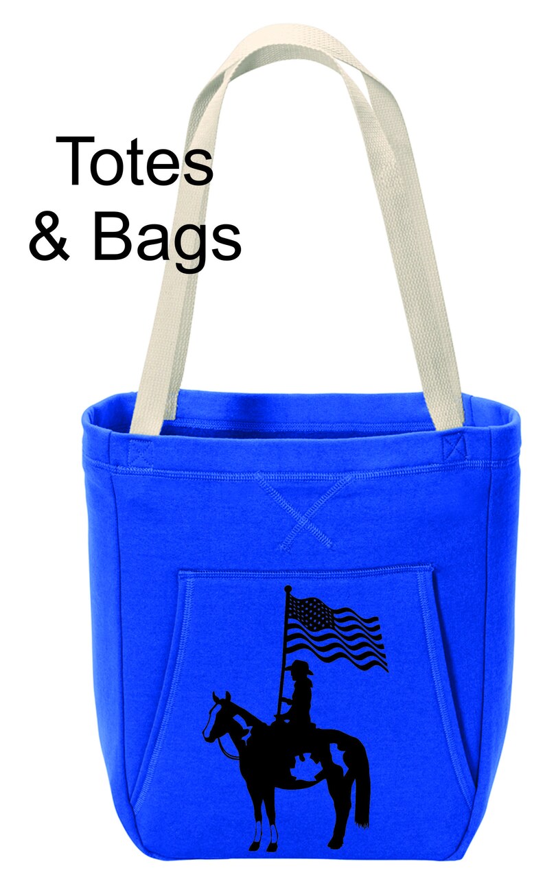 May include: A bright blue tote bag with a white canvas handle. The bag has a large pocket on the front with a black silhouette of a woman riding a horse and holding a flag.