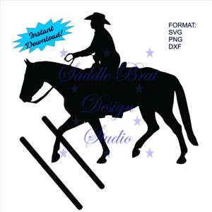 May include: Black silhouette of a horse jumping over two poles with a rider wearing a cowboy hat. The text "Saddle Brat Design Studio" is visible in the image.