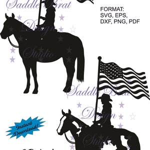 May include: Two digital cut files of a silhouette of a person riding a horse holding an American flag. The text "Instant Download!" is in a blue starburst. The text "2 Designs! 1 Price!" is below the images. The text "FORMAT: SVG, EPS, DXF, PNG, PDF" is on the right side of the image.