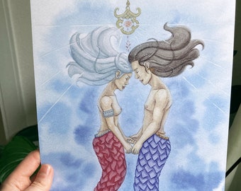 Watercolor picture "Mermaid, Merman", size A4, colored print on environmental friendly recycling paper, unframed, maritime, romantic