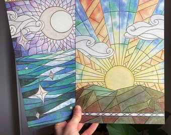 Stained glass window, stained glass, sun and moon, celestial bodies, colorful, watercolor, fantasy, art deco, sunrise, stars and clouds