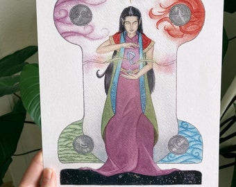 Watercolor picture "elf goddess, Elementarweber", size 20x30xm, colored print on environmental friendly recycling paper, unframed, fantasy
