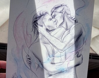 Kissing couple, gay couple, LGBTQ characters, fantasy, magical motif, elves, metallic paper, special print, gift for couples