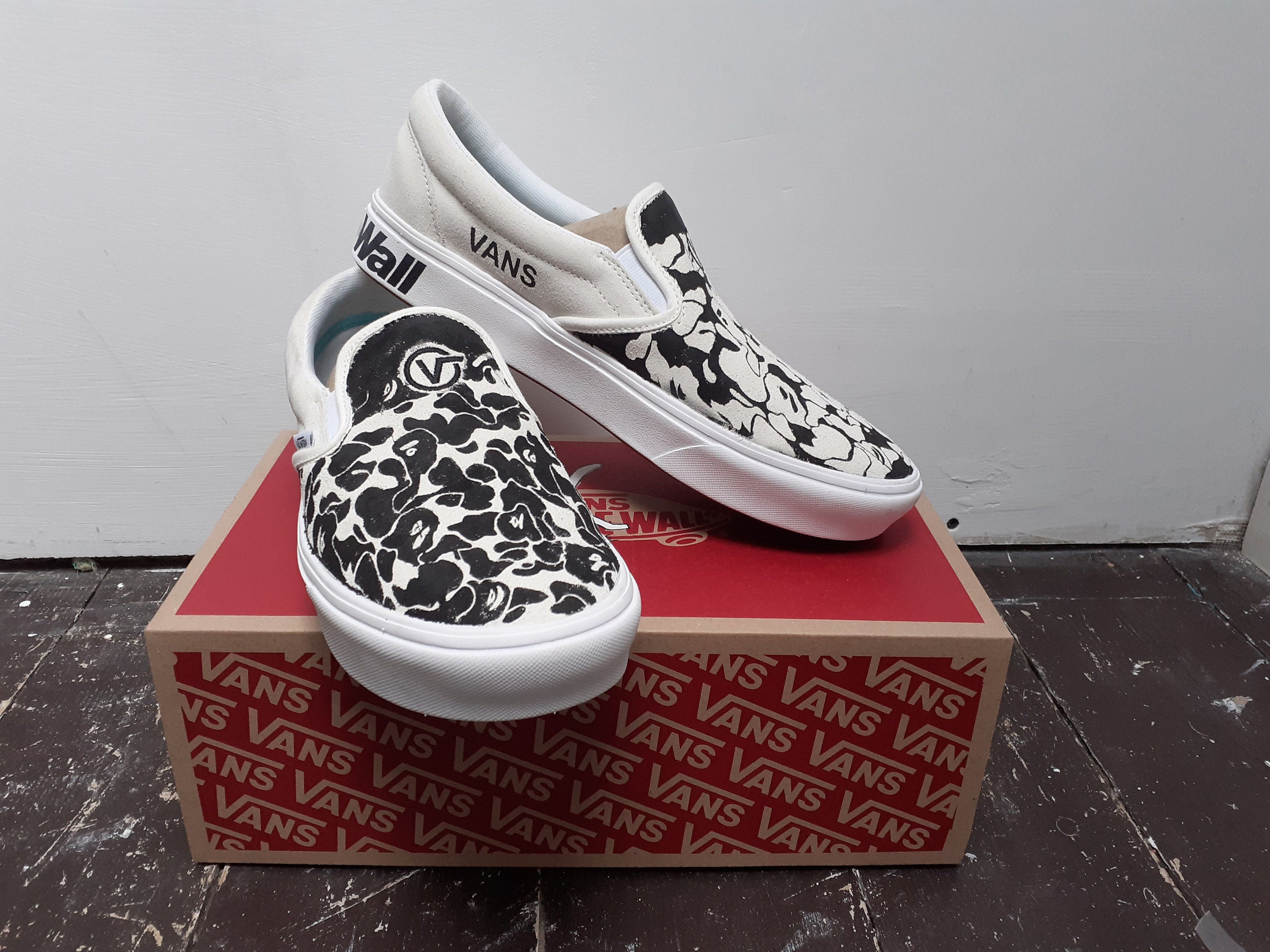 Farrell's Curious Soles - Custom Supreme X Bape Vans. Such a great project  to work on - airbrush work, hand painted details. Love the end result.  #bape #supreme #vans #curioussoles #customkicks #customsneakers #