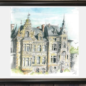 Kasteel kunst Aquarel schilderij Stedelijke schets Illustratie Tekening FineArtPrint Stadsgezicht Architectuur kunst ondertekend Giclée print Schloss kunst