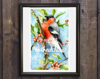 Christmas art bullfinch Art Download Printable art Instant Download Christmas Card Holiday printable printable bird art Christmas download