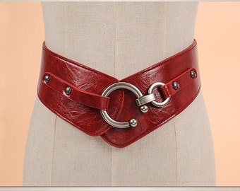 Wide Women's Elasticated Leather waist Belt with metal Buckle,Adjustable and stretchable for party, Casual,Chain belt