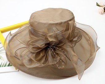 Sombrero de ala grande de organza para mujeres, sombrero organza elegante, sombrero retro, sombrero de damas de moda, sombrero de boda high tea party, regalo para ella.