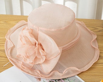 Elegant Organza Floral big brim Hat, Holiday travel folding bacin hat,Church hat, High Tea Party Hat, Formal Hat,Wedding Hat, Festival Hat