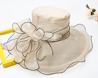 Elegante sombrero de volantes de organza, sombrero ajustable, sombrero de iglesia, sombrero de fiesta de té alto, sombrero formal, sombrero derby, sombrero de boda, sombrero de ala grande