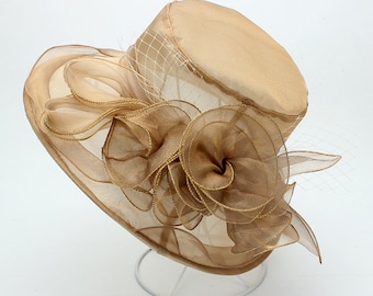 Elegant lace 4 organza flowers foldable big brim hat,Reteo court organza Hat lady,Womens Tea Party Hat,Fancy Hat,Gift for her.